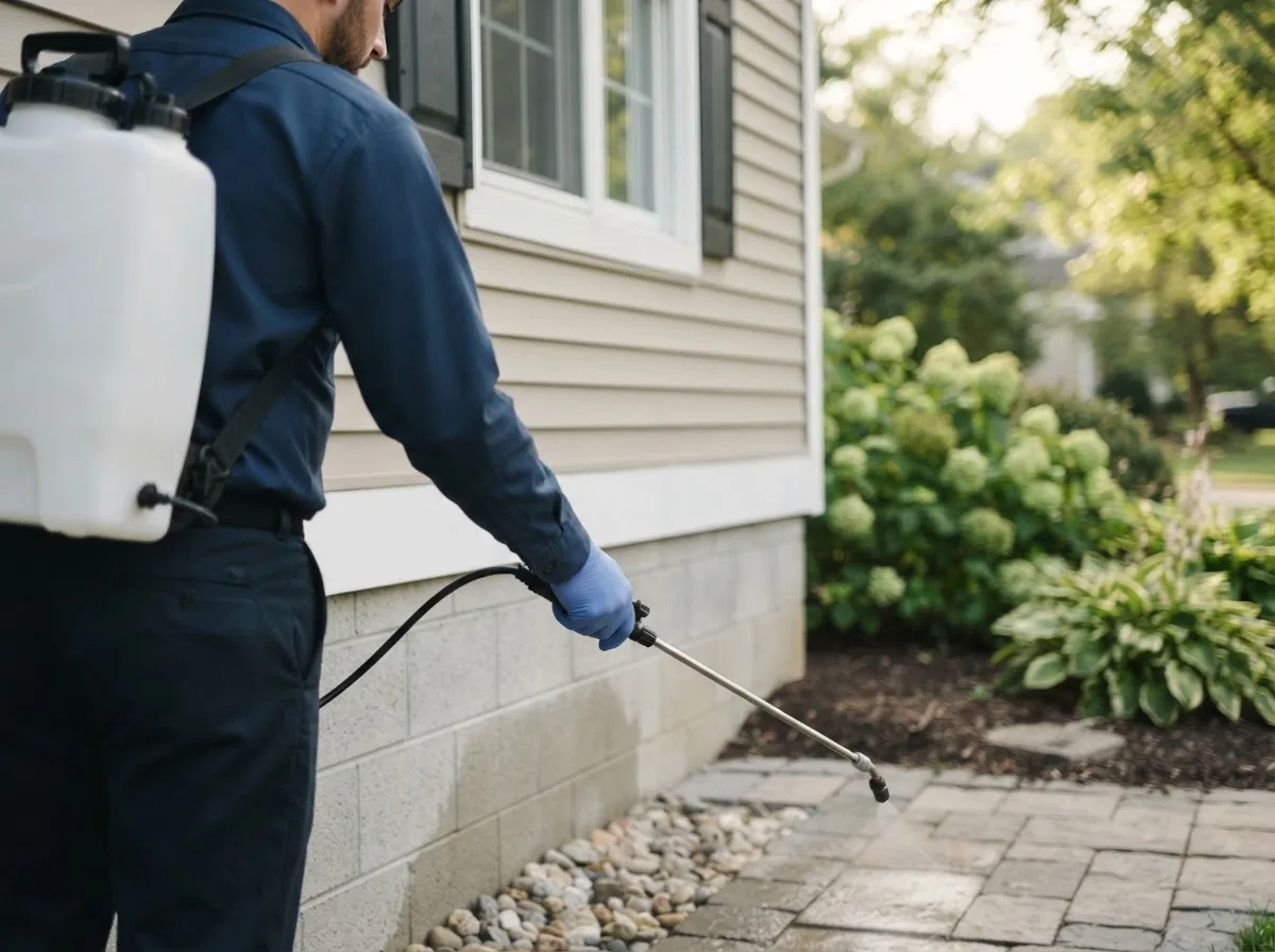 Pest control technician inspecting a home in Wheelock, TX
